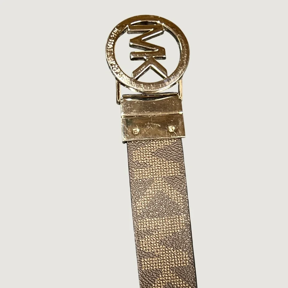 Michael Kors Reversible Belt Brown Black MK Logo Monogram Silver Buckle 40.5in